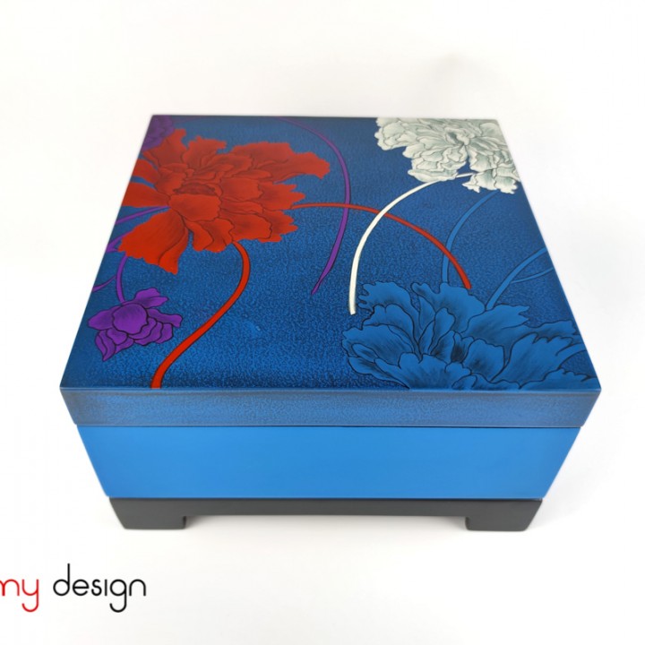 Blue square lacquer box hand-painted with carnation included with stand 25 cm